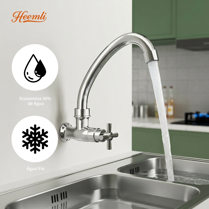 Heemli Torneira Cozinha Monocomando para Parede com Tubo Curvo - Água Fria, ABS, Cromado e Aerador Economizador