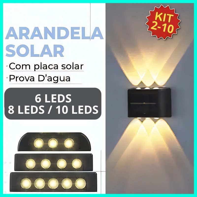 Kit 2 a 10Luminária Arandela Solar 6/8/10LED Luz Branco Quente para Parede a Prova dágua Spot parede