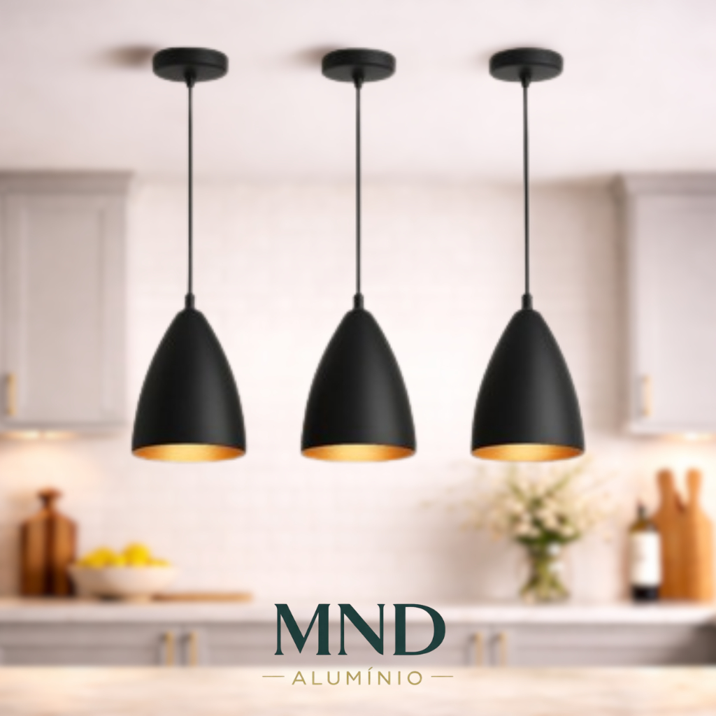 Kit 3 Luminárias Pendentes Modernas Preto com Cobre – Sala, Jantar, Teto