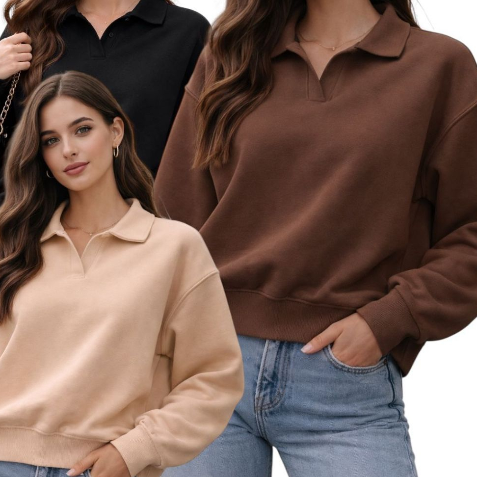 Moletom Feminino Oversized Gola Polo Premium Casual Chic Confortável Manga Longa Moda Inverno