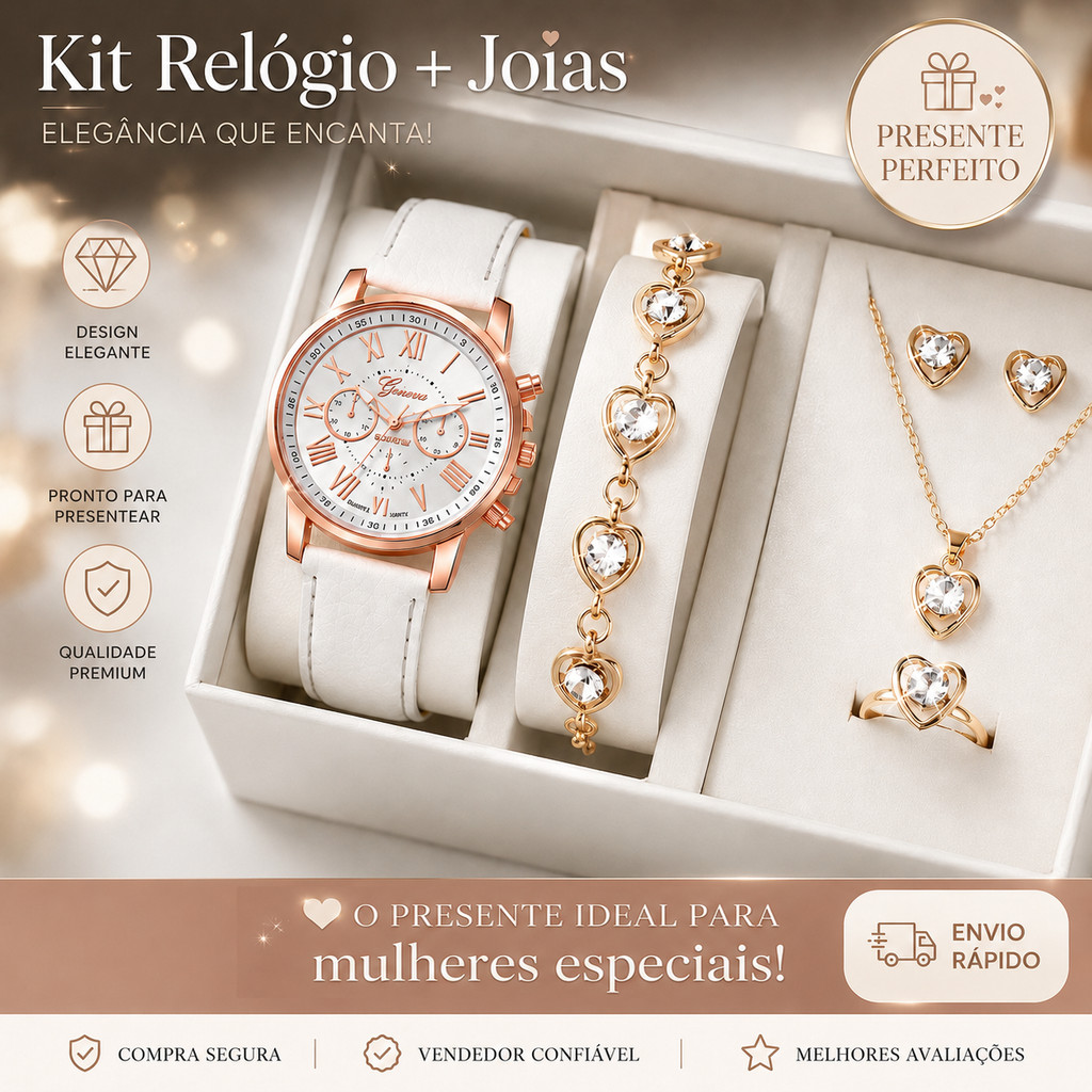 Elegante conjunto de relógio e joias femininas, Kit's podem conter colar, pulseira, brincos e anel..